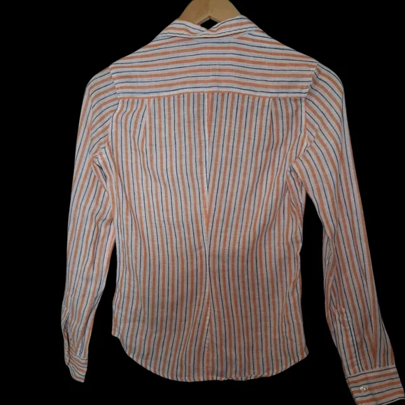 Frank & Eileen 100% Linen Orange Blue & White Stripe Button up XXS NWOT *READ - Picture 2 of 12